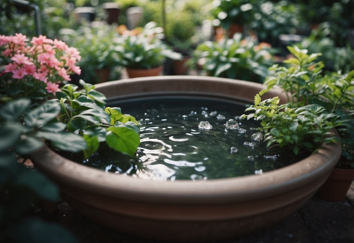 A garden ice bath sits among lush greenery, filled with ice and water, surrounded by potted plants and flowers