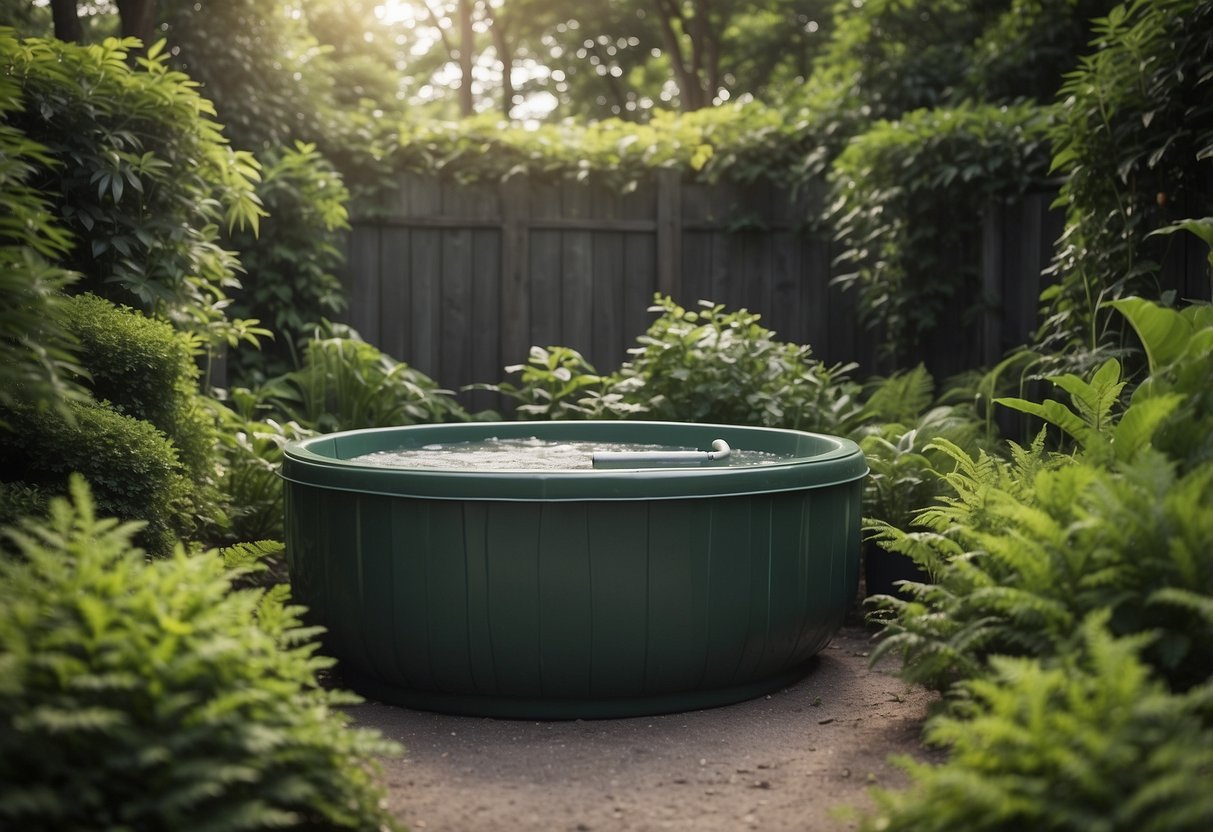 A garden ice bath nestled among lush greenery, with safety signs and maintenance tools nearby