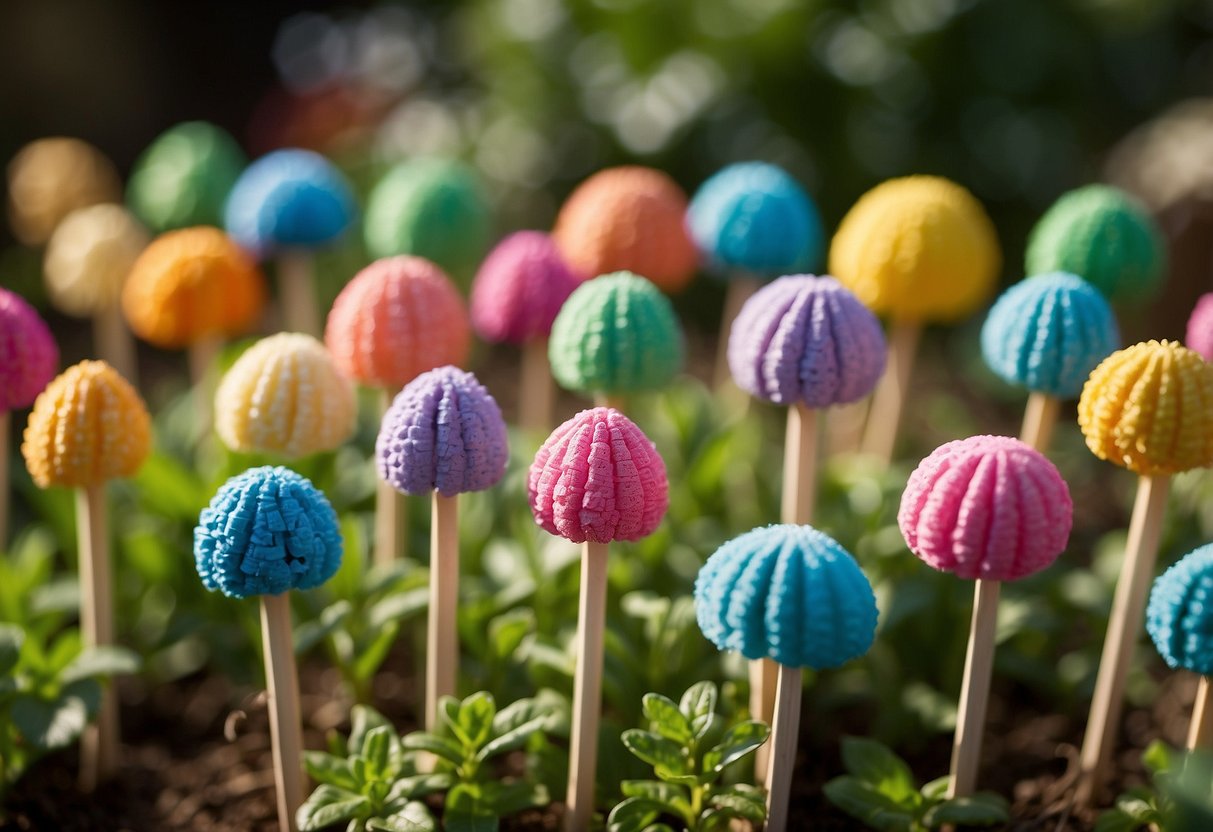 Colorful fairy garden stakes crafted from ice cream sticks adorn a lush garden, adding a whimsical touch to the vibrant blooms and greenery