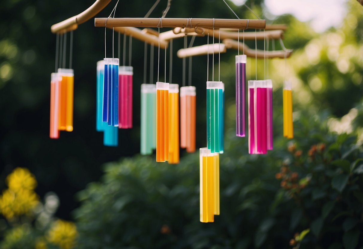 Colorful wind chimes made from ice cream sticks hang in a garden, swaying gently in the breeze