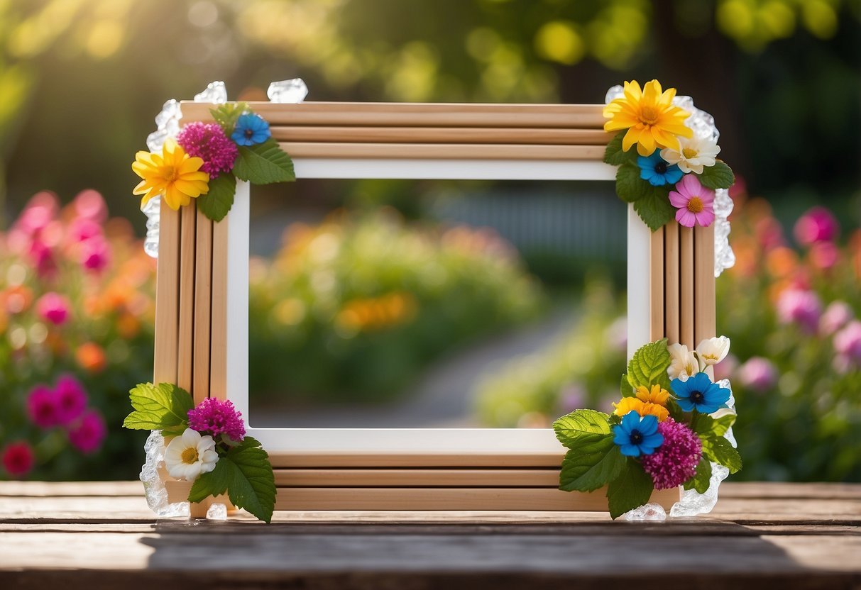 A wooden photo frame made of ice cream sticks hanging on a garden fence, with colorful flowers and greenery in the background