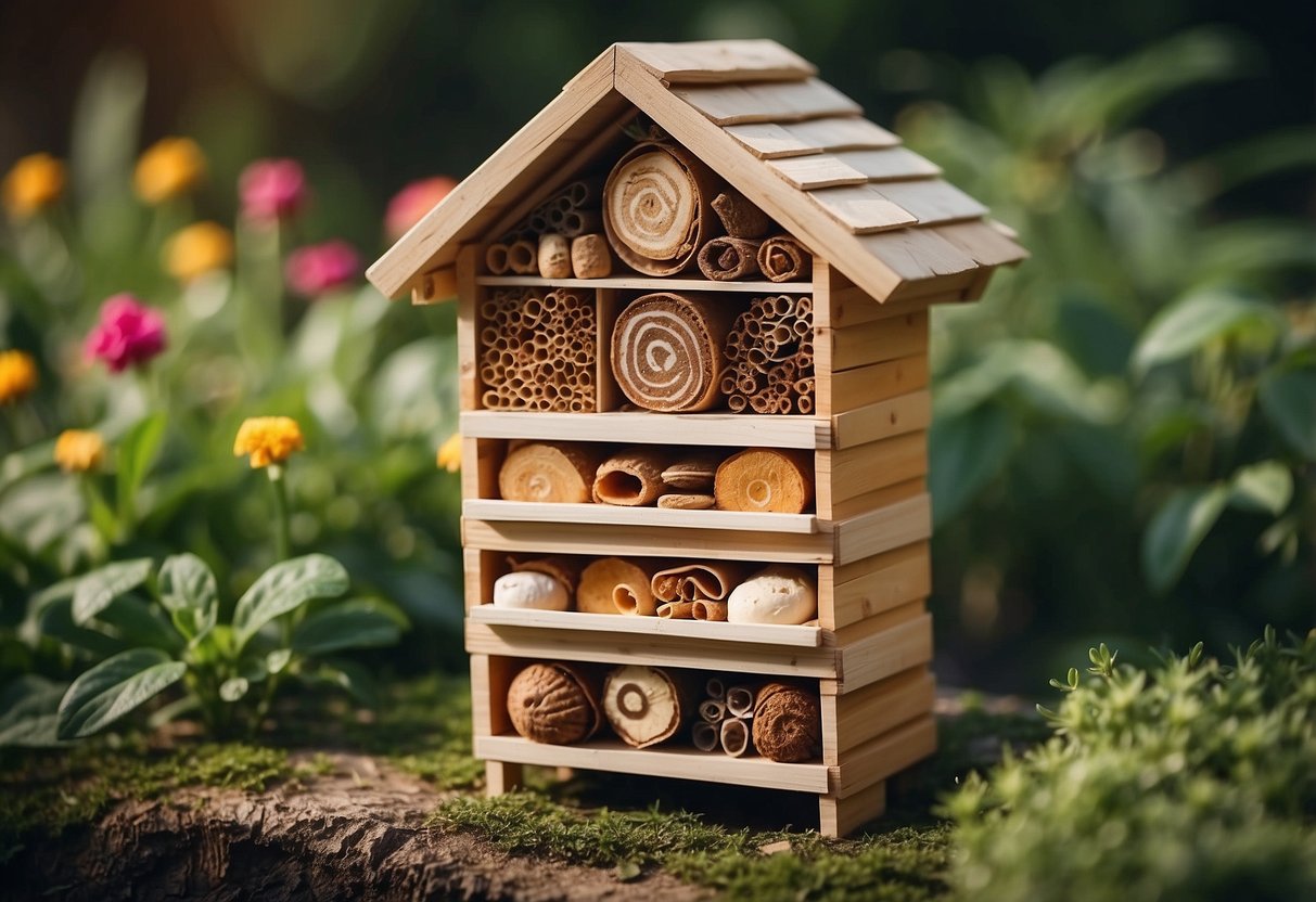 An insect hotel made of ice cream sticks, nestled among garden plants