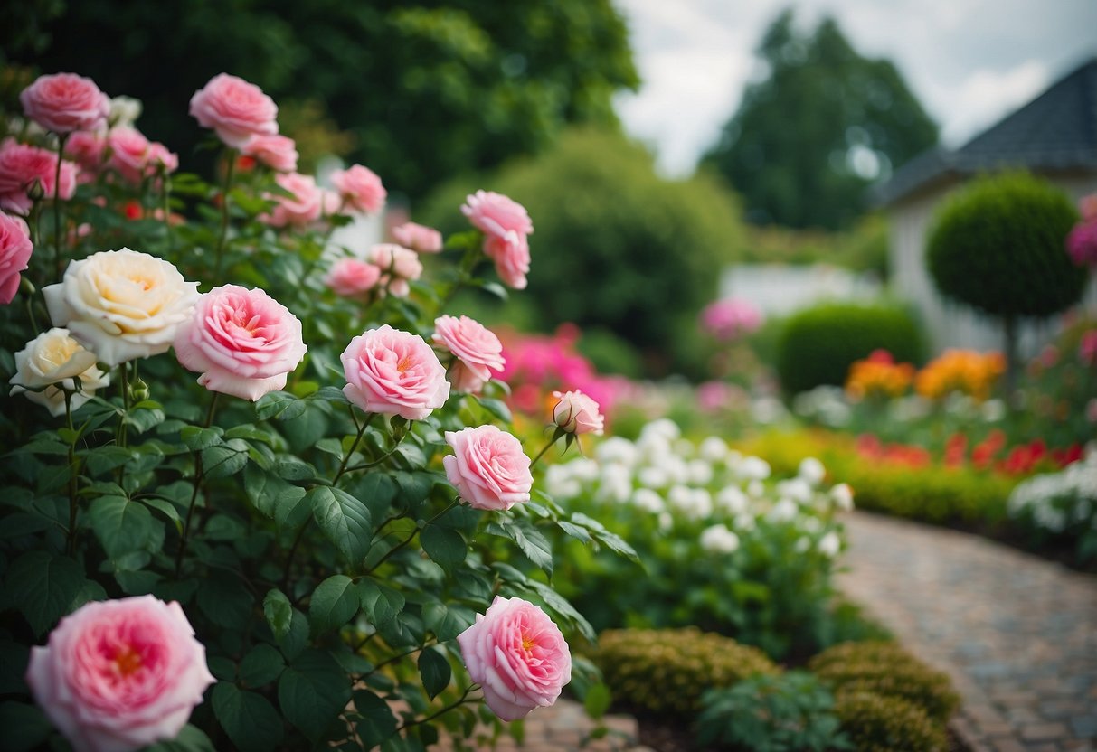 A front yard with a focal point of iceberg roses garden, surrounded by lush greenery and colorful flowers