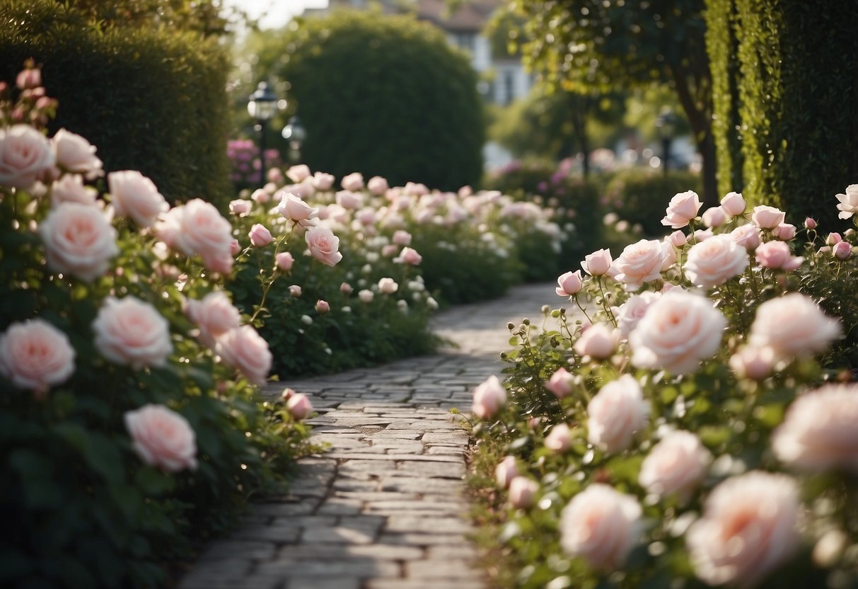 A winding pathway lined with iceberg roses, creating a romantic garden scene