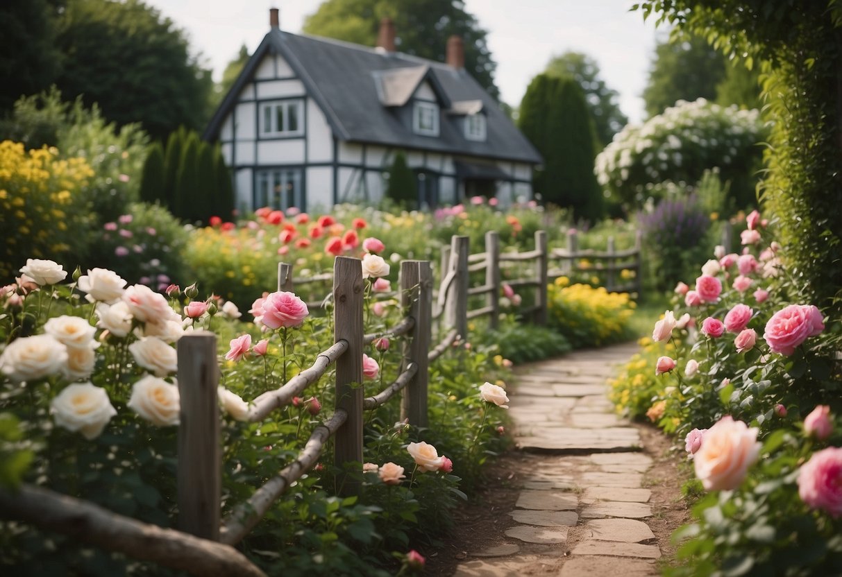 A cottage garden filled with vibrant iceberg roses, winding pathways, and a rustic picket fence, creating a charming and picturesque scene