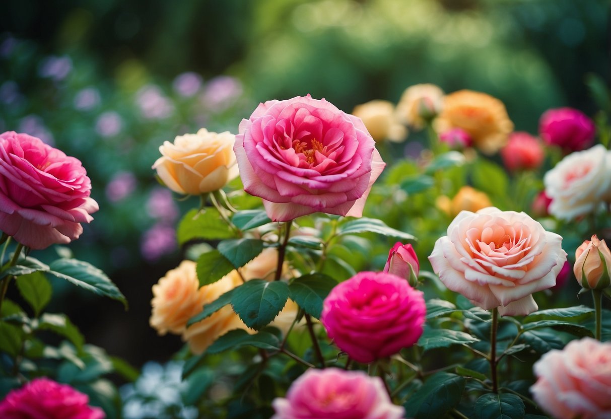 A colorful garden with iceberg roses and mixed borders. Bright, vibrant colors and lush greenery create a beautiful and inviting scene