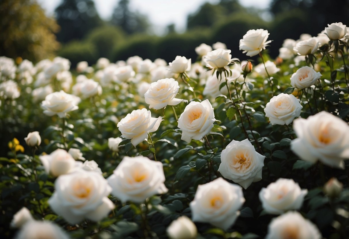 A serene garden with iceberg roses in a minimalist design, featuring clean lines, simple shapes, and a sense of elegance