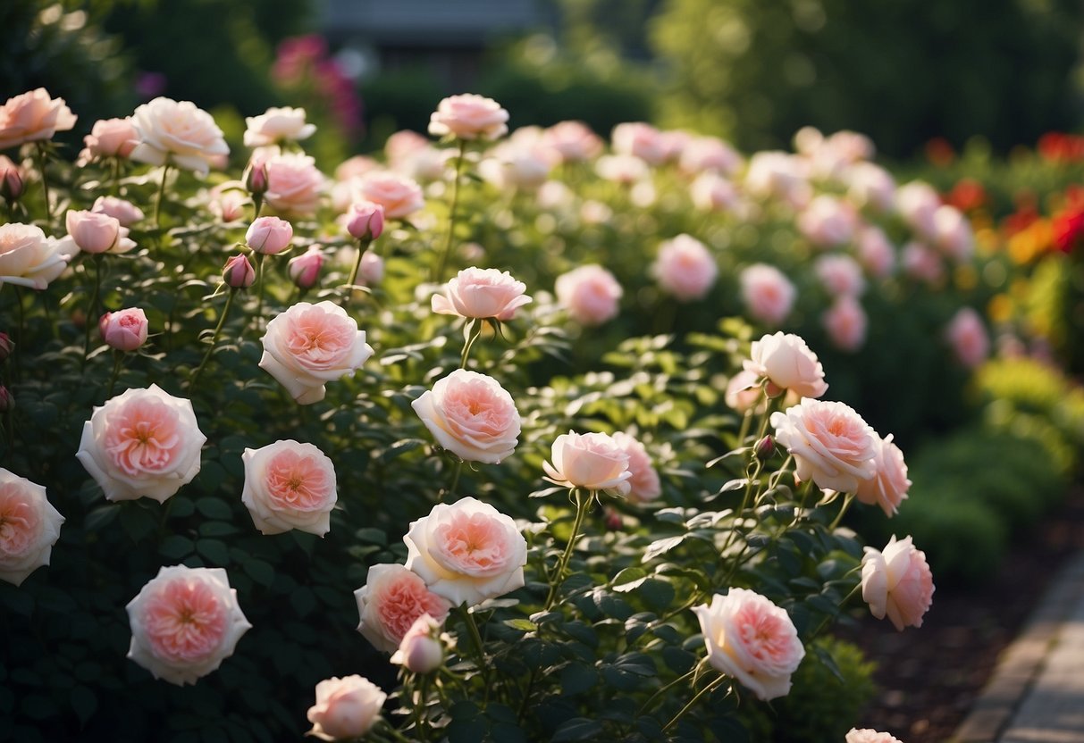 A lush garden of iceberg roses in full bloom, surrounded by neatly trimmed hedges and colorful perennials