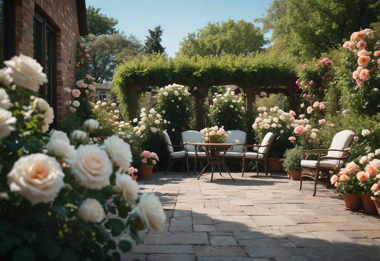 A patio adorned with vibrant iceberg roses, surrounded by lush greenery and decorative accents