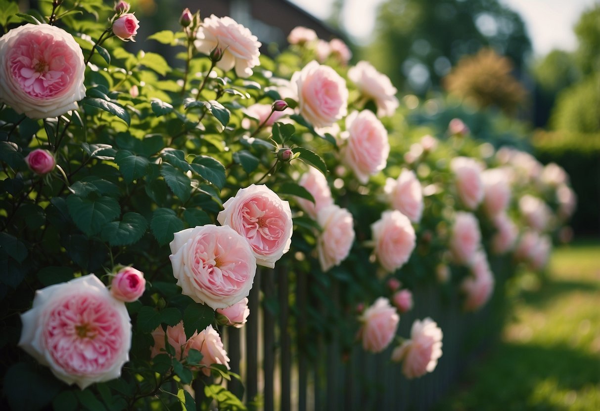 Lush garden with climbing iceberg roses on a trellis. Vibrant colors and greenery create a serene and inviting atmosphere