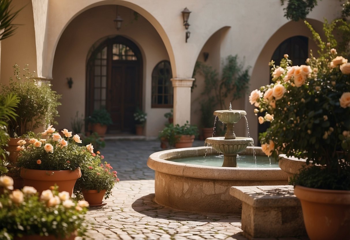 A serene Mediterranean courtyard with vibrant iceberg roses, stone pathways, and lush greenery. A small fountain gurgles in the center, surrounded by wrought iron benches and terracotta pots