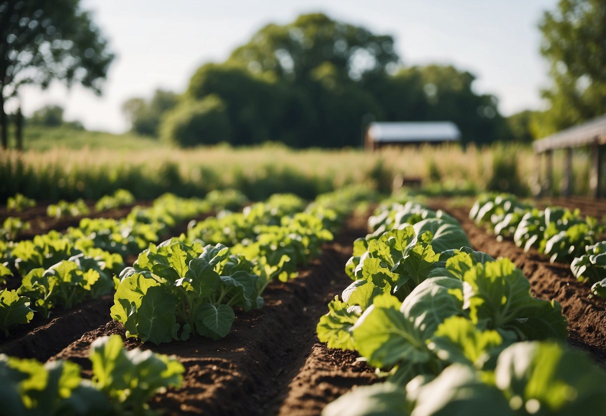 Lush green raised vegetable beds in an Iowa garden, with colorful crops growing in neat rows under the open sky