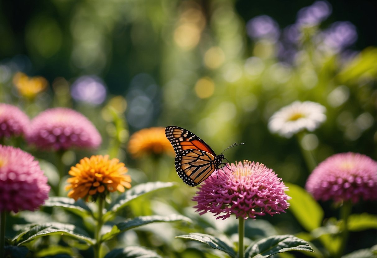 Vibrant flowers bloom in an Iowa garden, attracting colorful butterflies with their sweet nectar