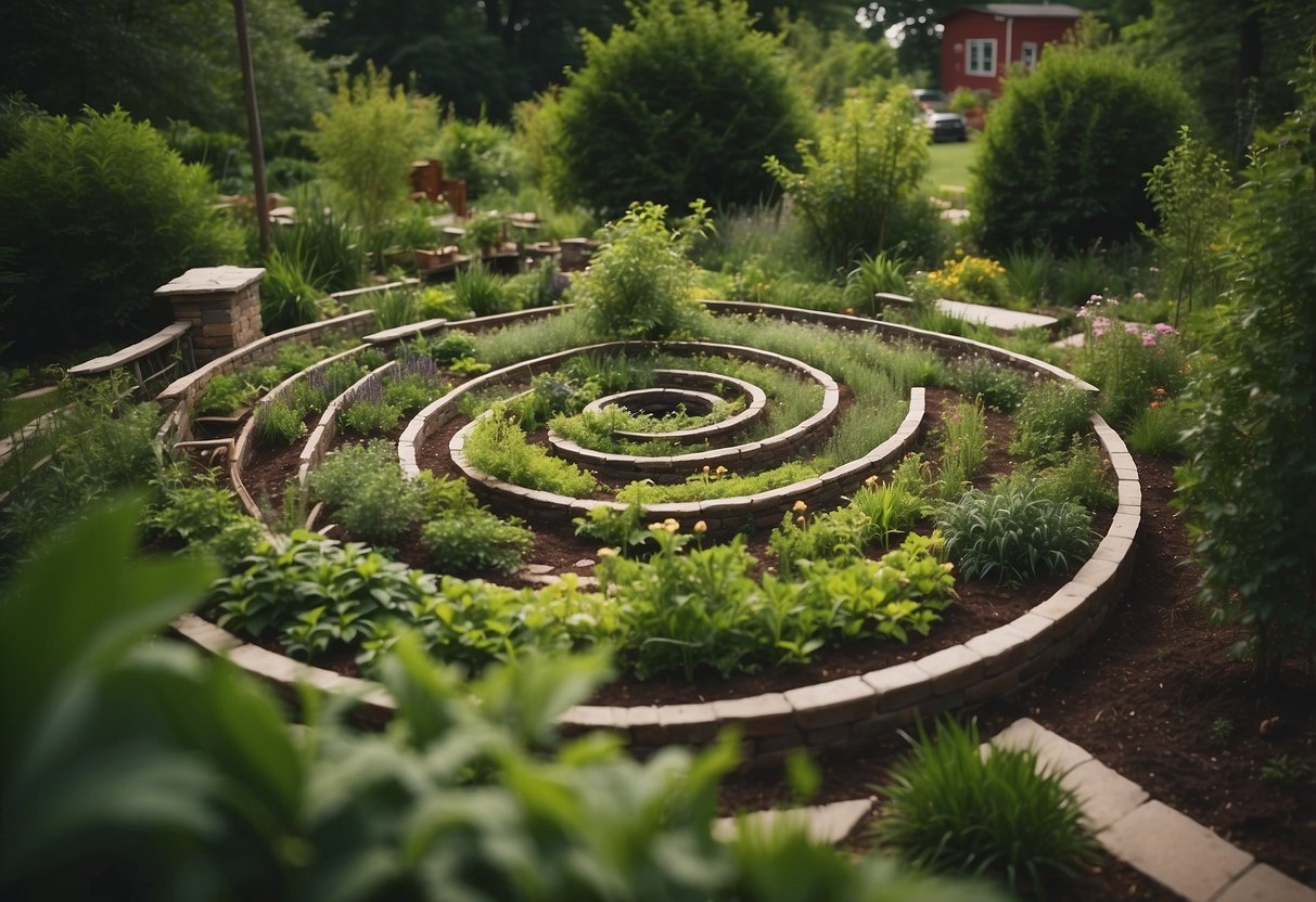 A spiral garden with various herbs, surrounded by lush greenery in an Iowa backyard