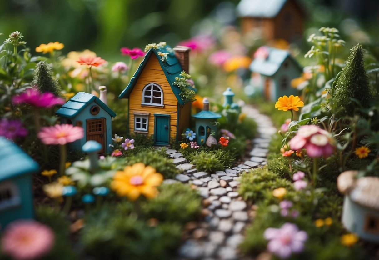 A whimsical fairy garden with colorful flowers, tiny houses, and sparkling lights nestled among lush greenery in an Iowa backyard