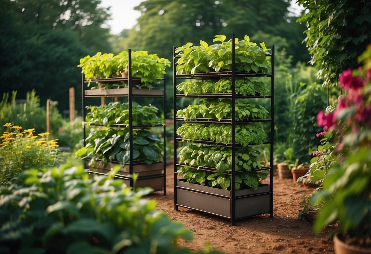 A tall vertical vegetable planter stands in the center of a lush Iowa garden, filled with vibrant green plants and colorful vegetables growing in neatly arranged rows