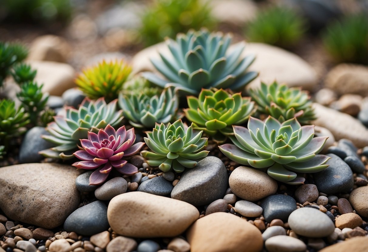 A vibrant rock garden in Iowa, showcasing a variety of succulent plants, arranged in a visually pleasing and harmonious composition