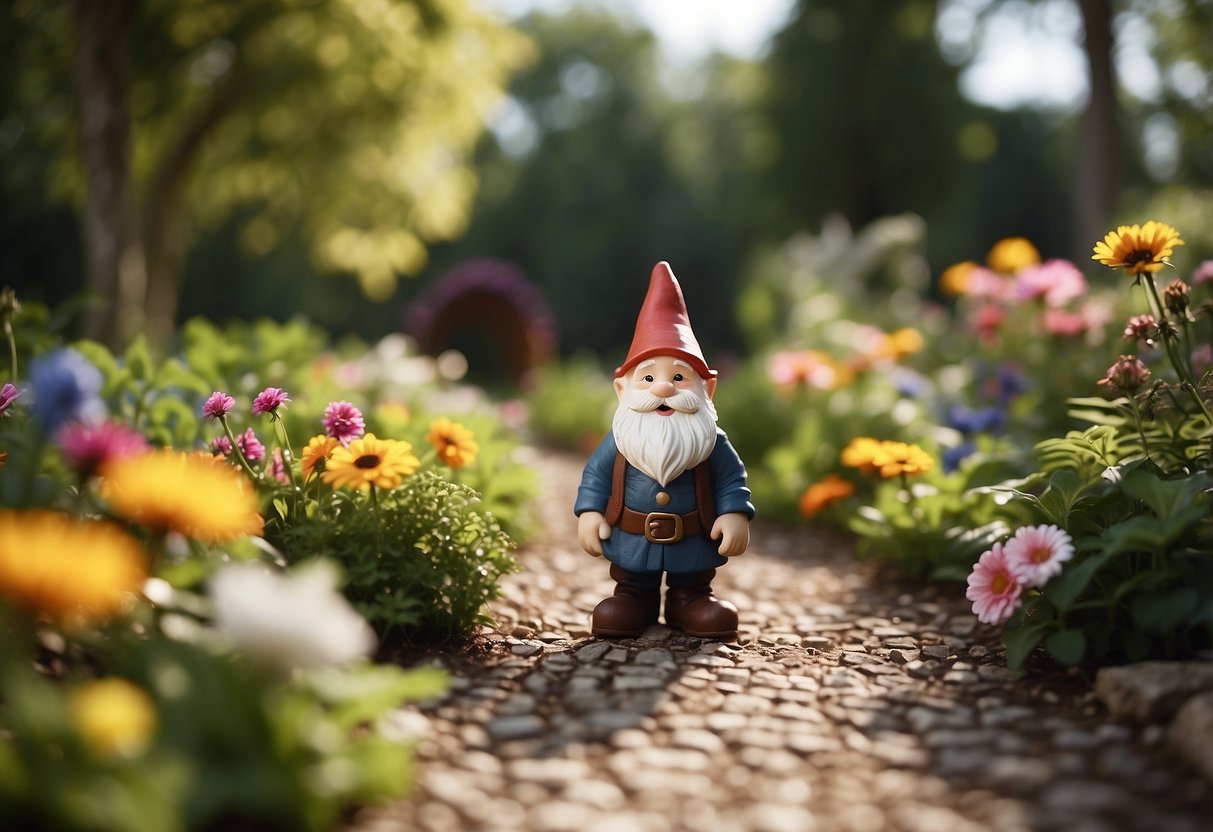 A garden gnome walks along winding paths in an Iowa garden, surrounded by colorful flowers and lush greenery