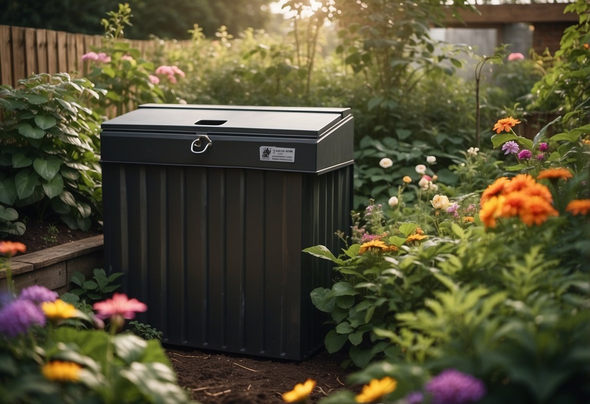 A compost bin sits in the corner of an Iowa garden, surrounded by lush green plants and colorful flowers. The bin is filled with organic waste, and steam rises from the decomposing material