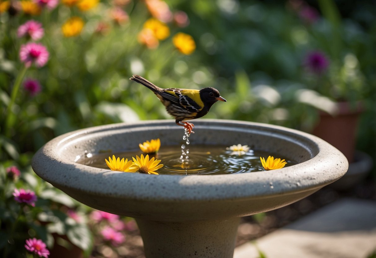 A birdbath sits in a lush Iowa garden, surrounded by colorful flowers and buzzing bees. A small bird perches on the edge, taking a refreshing drink