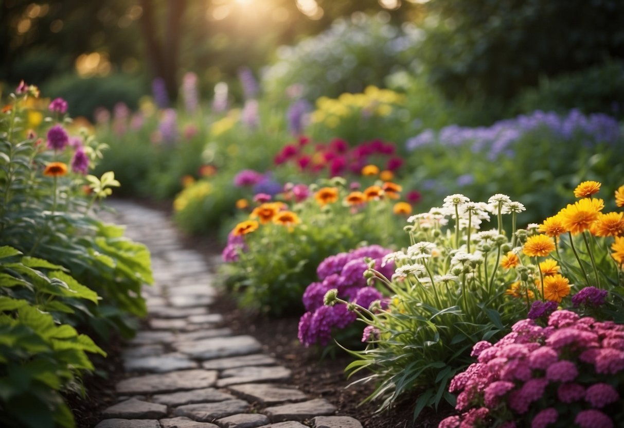 Lush, colorful perennial borders line a winding path in a vibrant Iowa garden. Various flowers and foliage create a beautiful, natural display