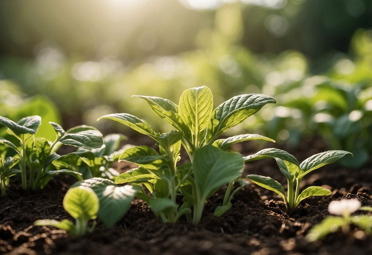 Lush green plants thrive in a sunny Iowa garden, while a gentle breeze carries the scent of blooming flowers. The soil is rich and moist, perfect for growing a variety of vegetables and herbs