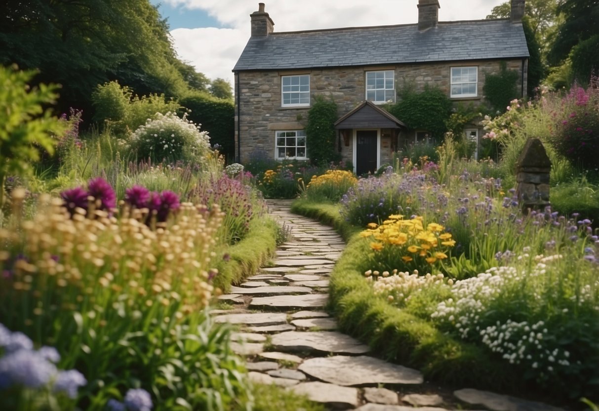 A winding dry stone pathway meanders through a lush Irish cottage garden, bordered by vibrant flowers, herbs, and greenery