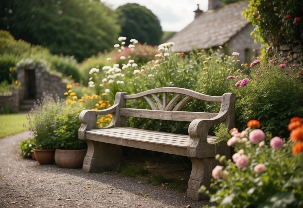 A weathered stone bench sits nestled in an Irish cottage garden, surrounded by colorful flowers, lush greenery, and winding pathways