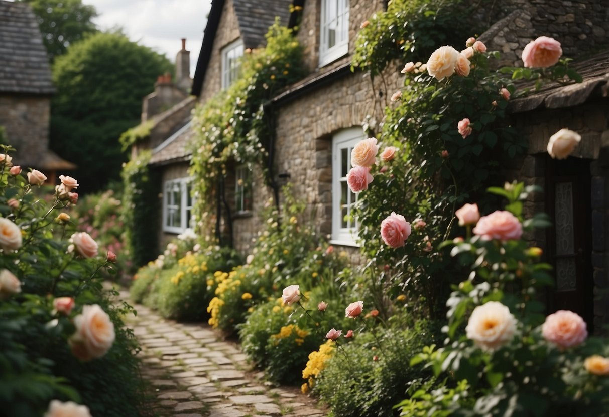 Lush green garden with climbing roses adorning a quaint Irish cottage, surrounded by stone pathways and blooming flowers