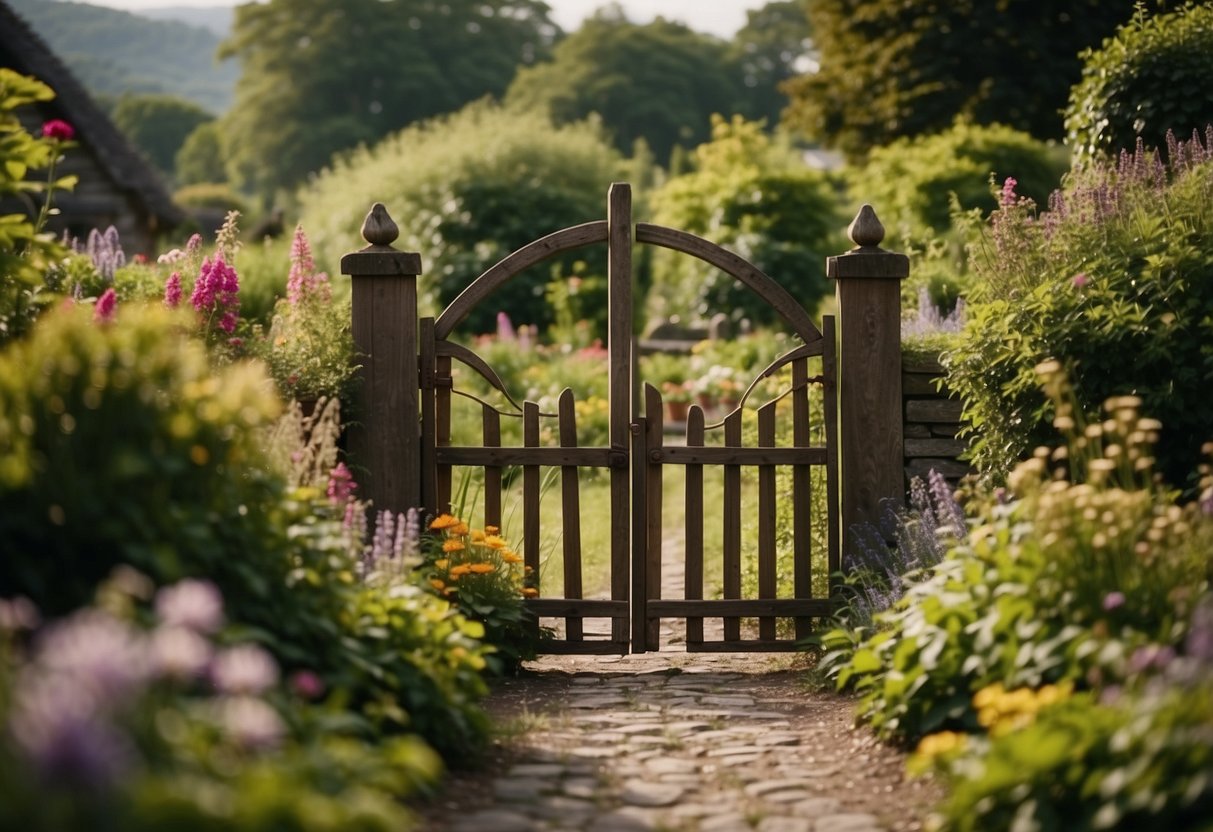 A rustic wooden gate stands in a charming Irish cottage garden, surrounded by lush greenery and colorful flowers