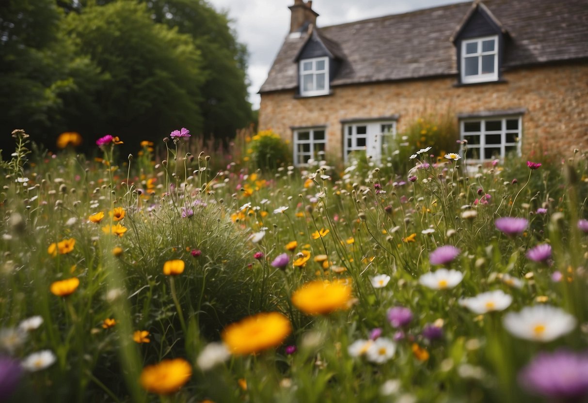 A vibrant wildflower meadow surrounds a charming Irish cottage, with a mix of colorful blooms and lush greenery, creating a picturesque garden scene