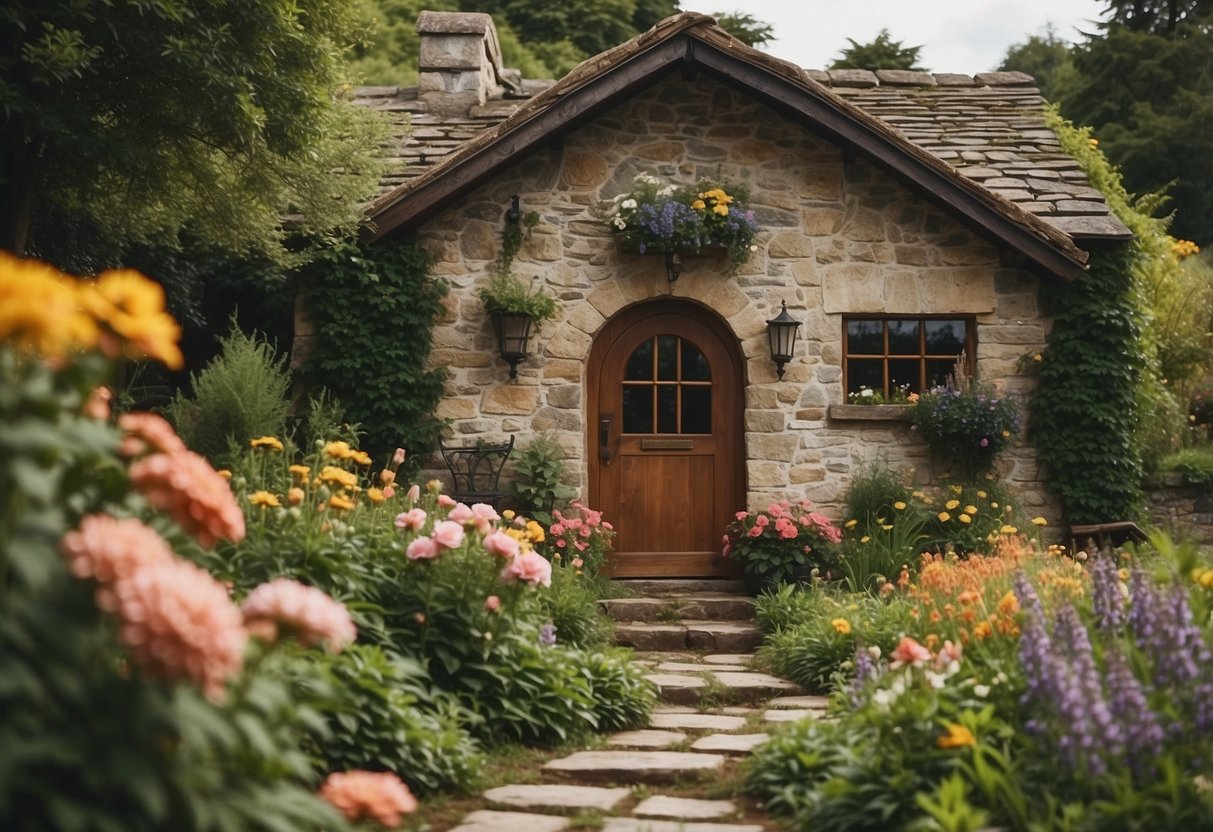 A rustic stone cottage nestled among vibrant flowers and lush greenery, with a winding path leading to a welcoming front door