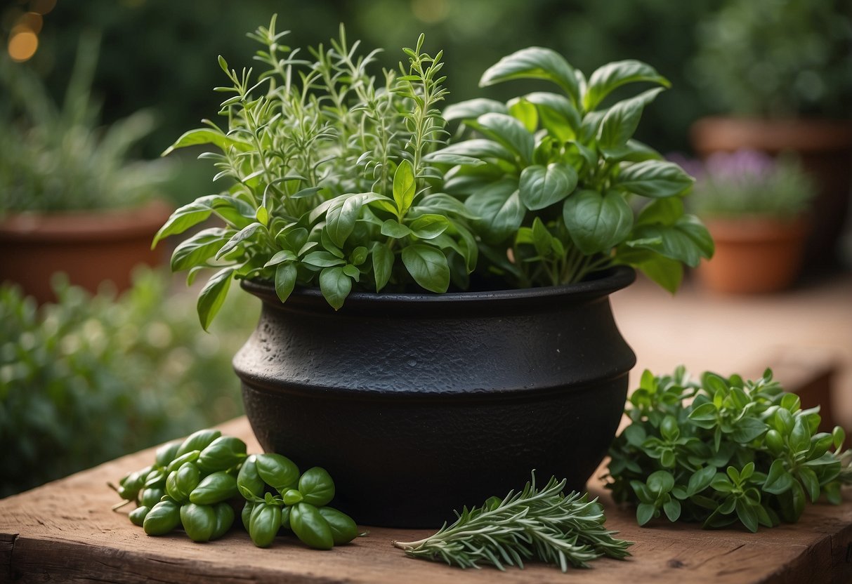 A vibrant herb garden overflows from a rustic cast iron pot, with basil, thyme, and rosemary spilling over the edges