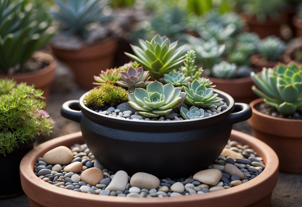 A cast iron pot filled with a variety of succulents arranged in a garden setting, with small pebbles and decorative rocks surrounding the plants