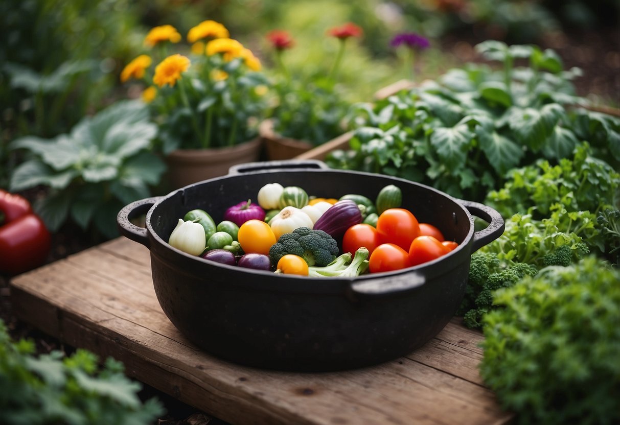 A small cast iron pot filled with a variety of colorful vegetables, nestled in a garden bed surrounded by lush greenery and blooming flowers