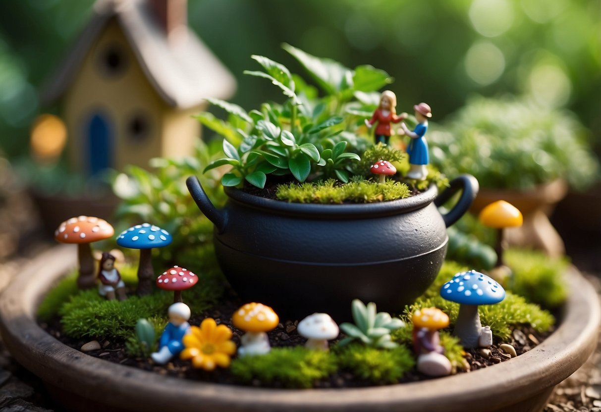 A cast iron pot filled with miniature figurines and surrounded by lush greenery in a fairy garden setting