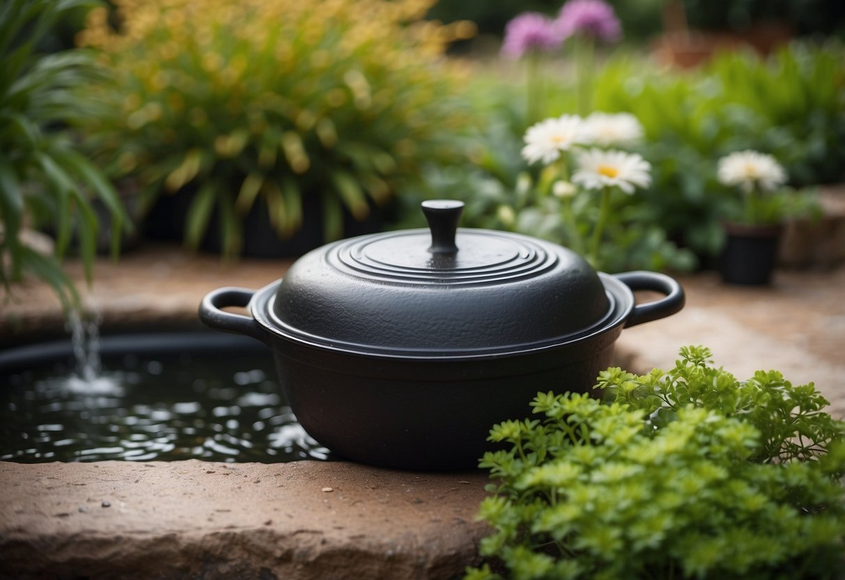 A cast iron pot sits in a tranquil garden, serving as the base for a water feature. Surrounding plants and flowers add to the serene atmosphere