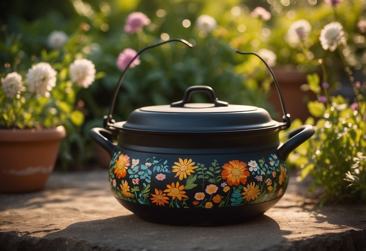 A cast iron pot with painted designs sits in a lush garden, surrounded by blooming flowers and greenery. The sunlight casts a warm glow on the pot, adding to the inviting and vibrant scene