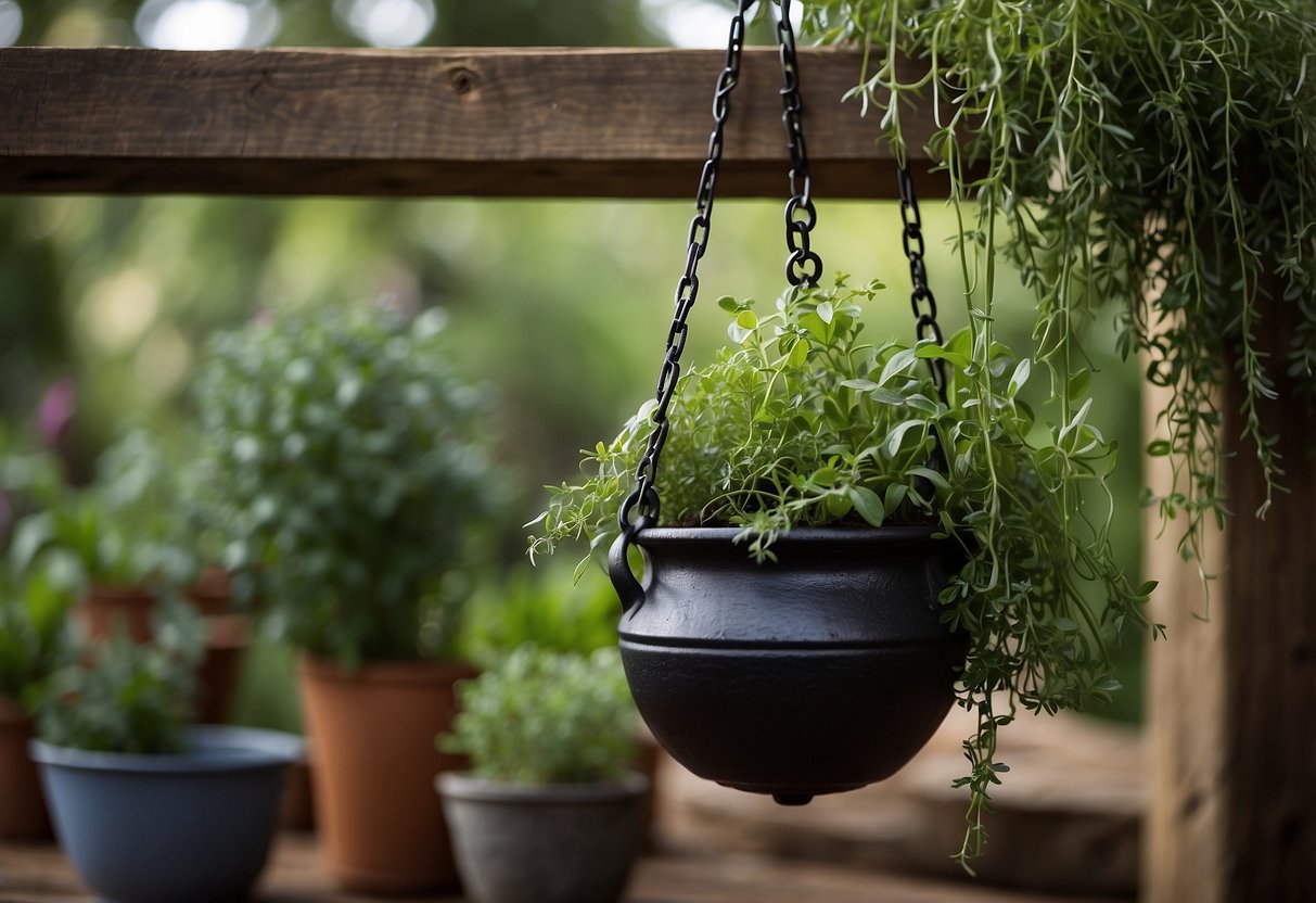 A cast iron pot hangs from a wooden beam, filled with various herbs spilling over the edges, creating a lush and vibrant hanging herb garden