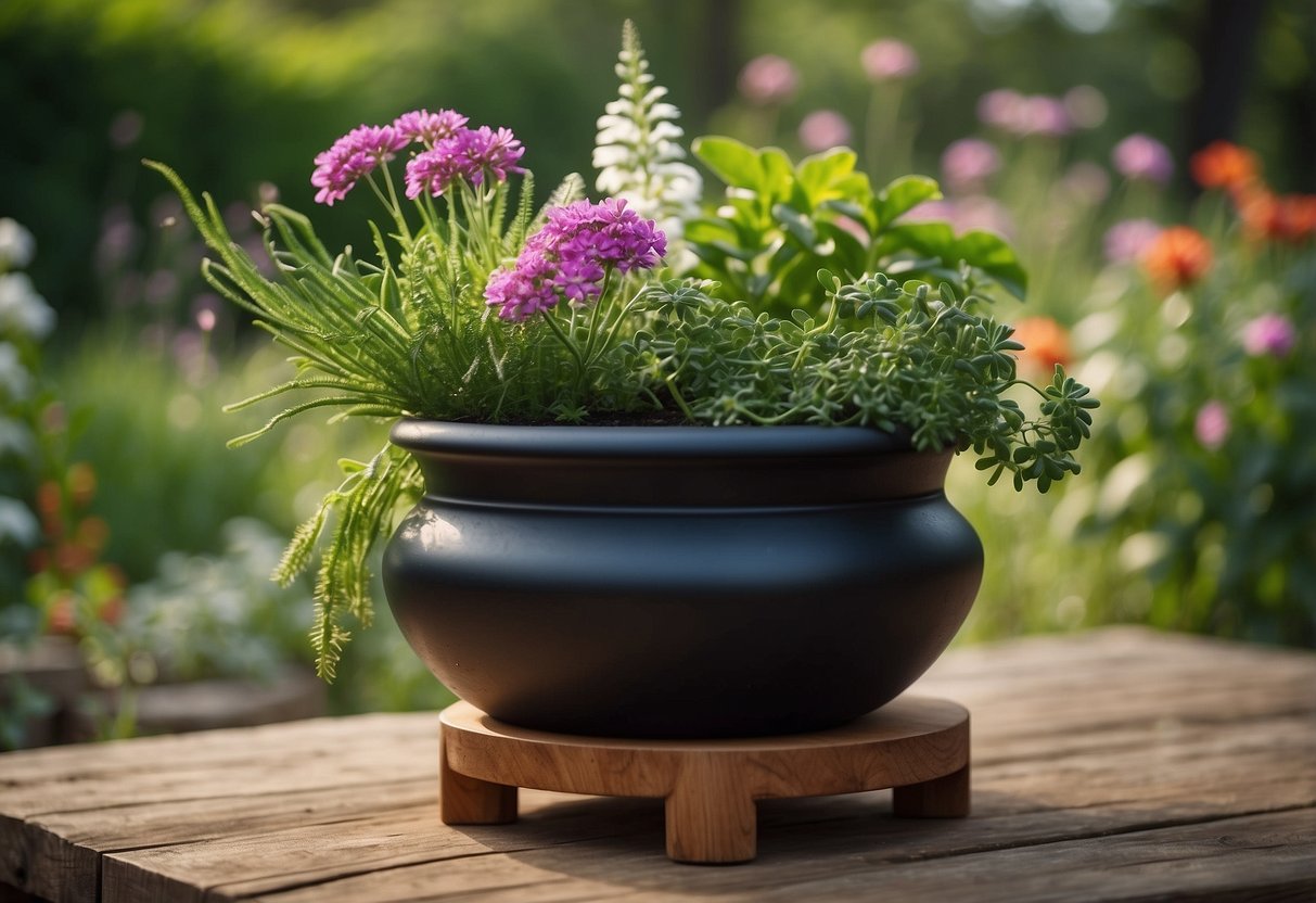 A cast iron pot sits on a wooden stand, filled with a variety of flowering plants in full bloom. The display is surrounded by lush greenery, creating a beautiful garden scene