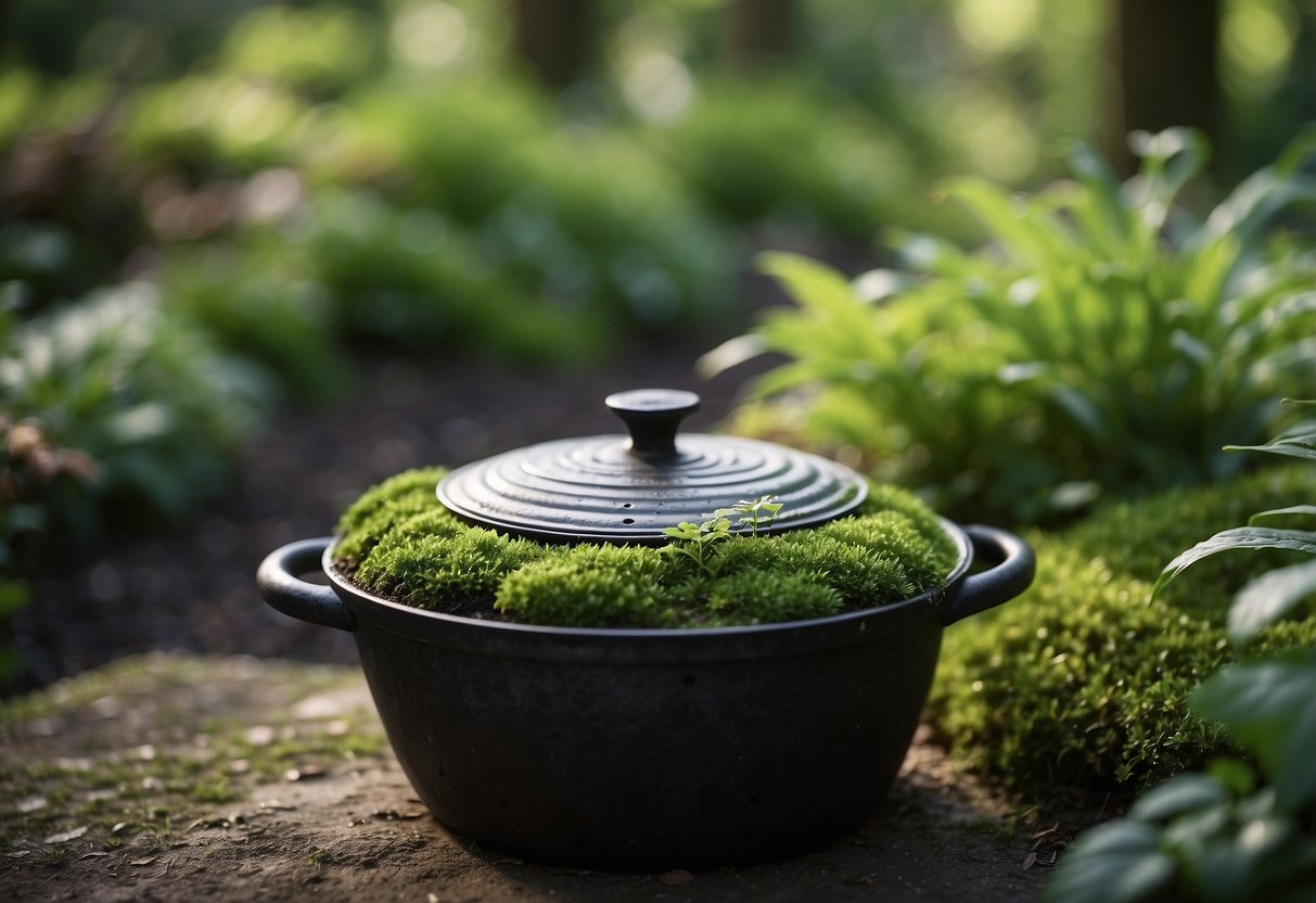 A moss-covered cast iron pot sits among lush greenery in a tranquil garden setting