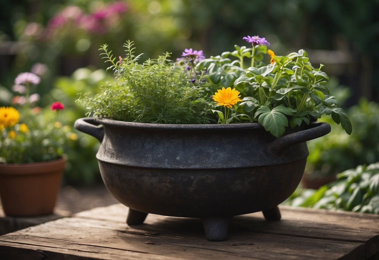 A rustic cast iron pot sits among lush greenery, filled with vibrant flowers and herbs. The pot is weathered and worn, adding a touch of vintage charm to the garden