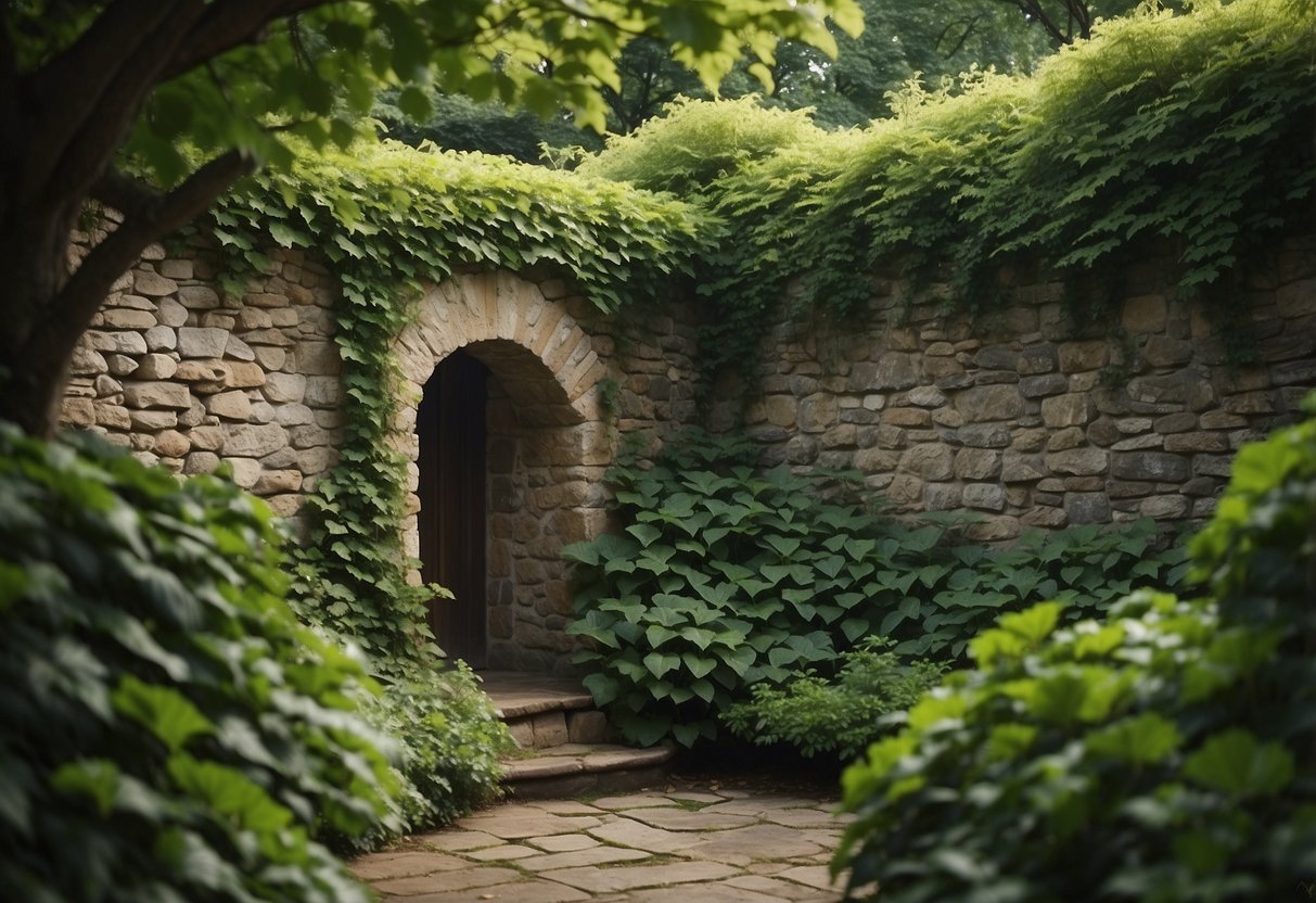 A stone wall covered in lush green ivy overhangs a tranquil garden, creating a serene and picturesque scene for the viewer to enjoy