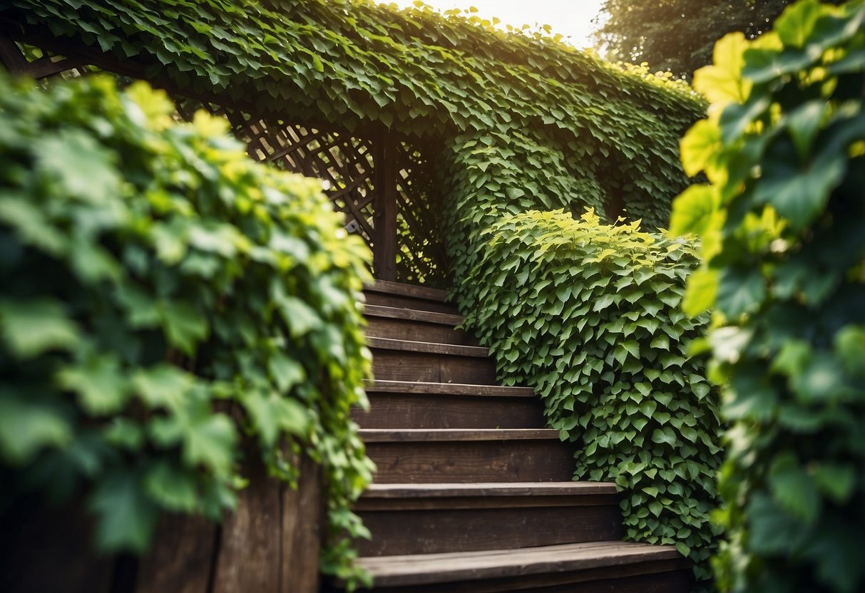 A lush ivy wall climbs a wooden trellis, creating a vibrant green garden backdrop