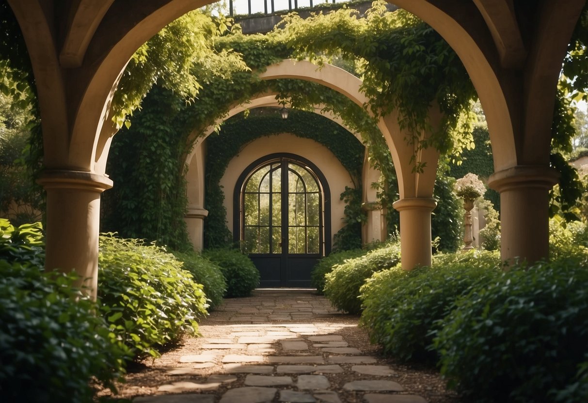 An arched entryway covered in lush ivy leads into a serene garden, with sunlight filtering through the greenery