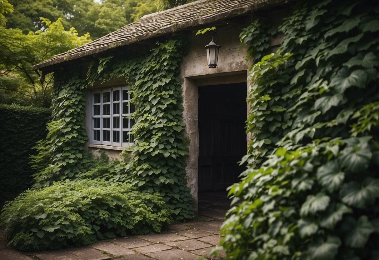 A garden shed is completely covered in lush green ivy, with tendrils creeping up the walls and around the door, creating a beautiful and natural garden hideaway