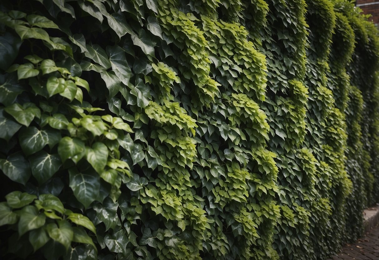 Lush green ivy cascades down a weathered brick wall, creating a stunning vertical garden. Different ivy species intertwine, adding texture and depth to the natural masterpiece