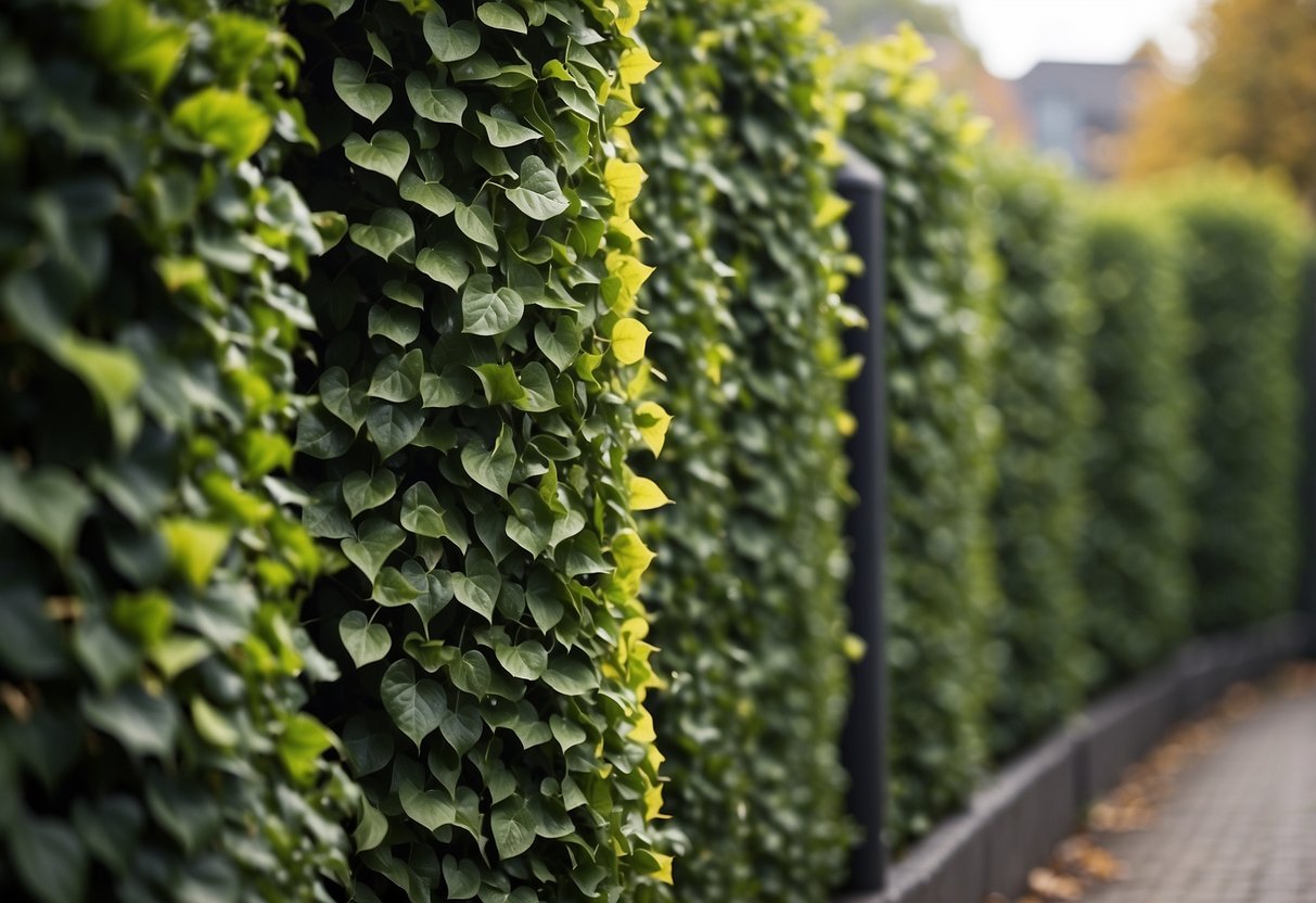 A garden fence covered in artificial ivy leaves, creating a natural and private barrier