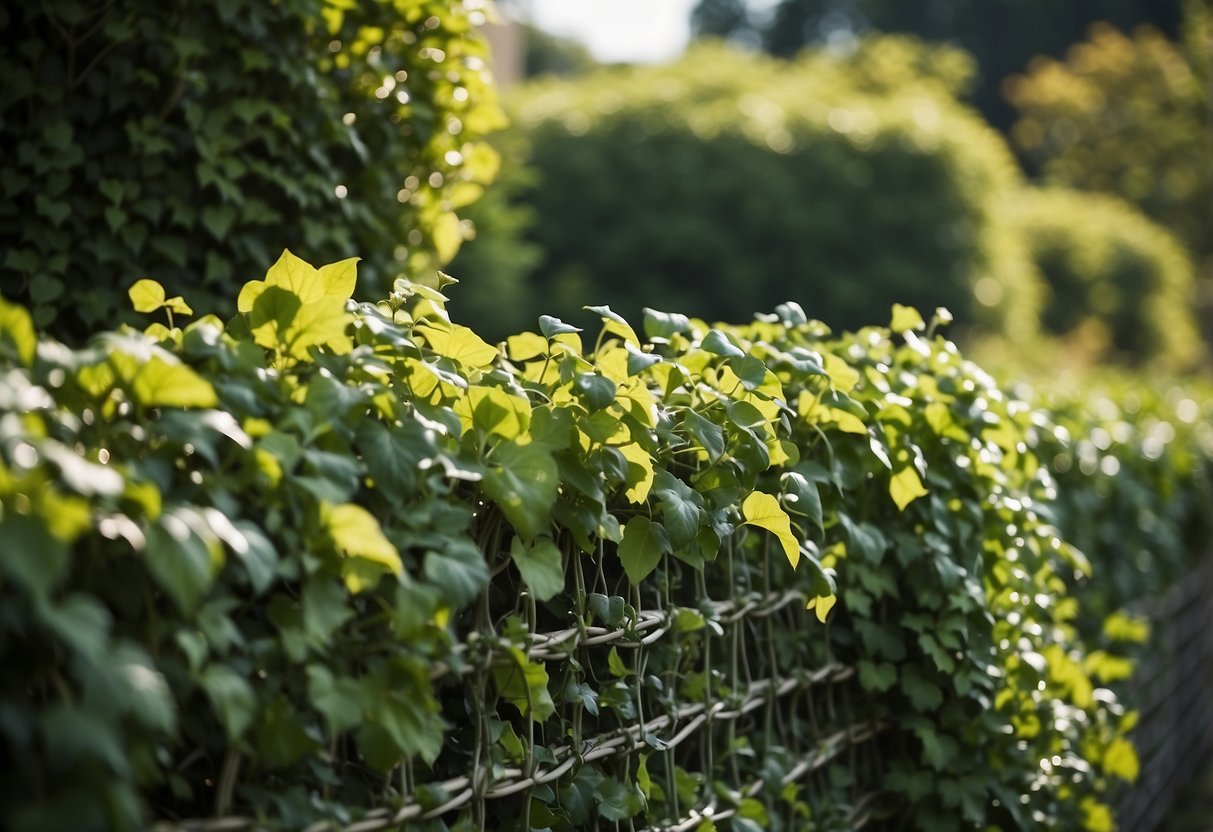 A trellis covered in mixed green faux ivy, creating a lush garden fence