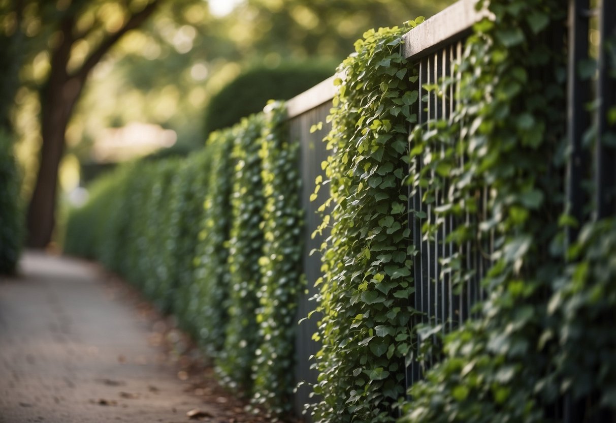 A tall fence covered in lush, green fake ivy, with small garden plants peeking out from the bottom